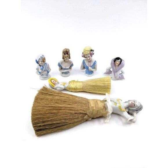 VTG Lot Of 6 Porcelain Half Dolls, 2 Attached To Hand Brooms, Beautiful Figures! - Picture 1 of 8
